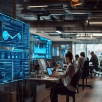 An image of a small business office with employees working on laptops, surrounded by cybersecurity software, cloud icons, network cables, and compliance documents.