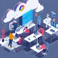 An image of a small business owner working on a laptop with various cybersecurity tools and resources displayed on the screen.